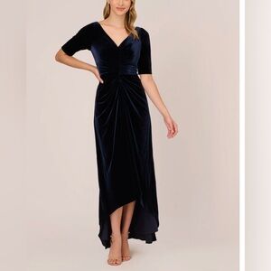 Adrianna Papell Shirred Velvet Dress, Elbow Length Sleeves, Size 12, Navy Blue